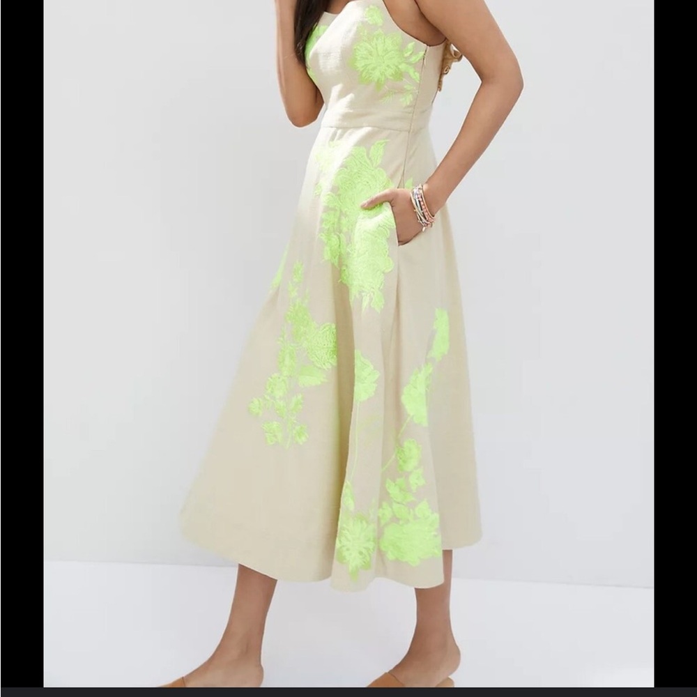 Anthropologie Neon Green Floral Dress